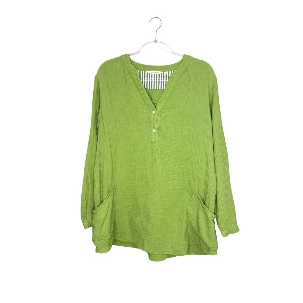 Soft Surroundings Tunic Top 1X Crinkle Gauze Pockets Lime 100% Cotton Beachy